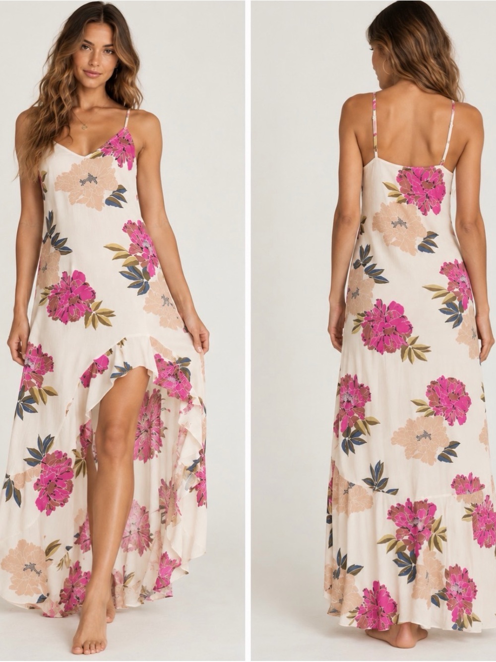 Billabong Kick It Up Floral Maxi High Low Dress Cream Pink Size Small